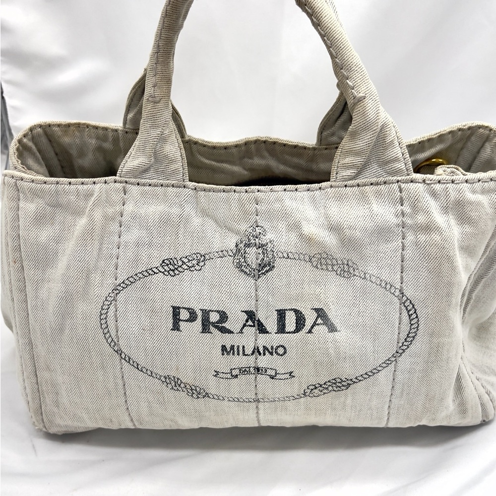 PRADA Canapa Light Grey Denim Tote Bag